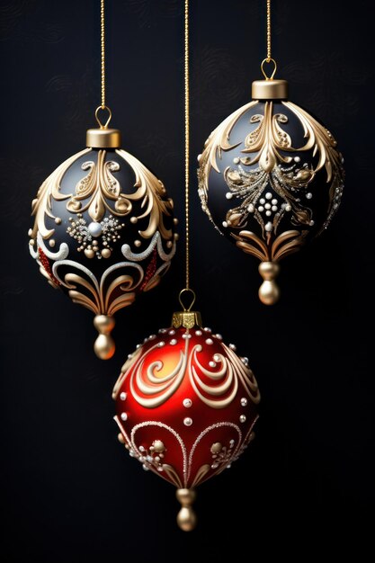 Elegant ornaments Gold silver and red ornaments on a black background