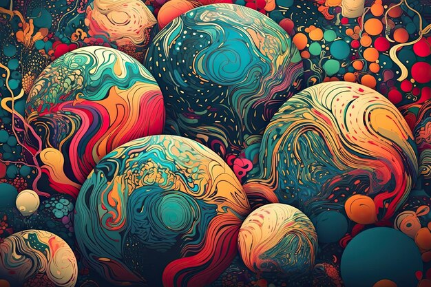 Photo elegant and ornate dynamic design hypermaximalist floral illustration of manycoloured balls in