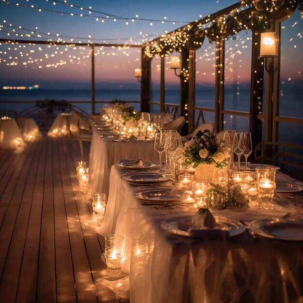 Foto elegante sala da pranzo all'aperto sotto le luci a corda al crepuscolo con vista sul mare