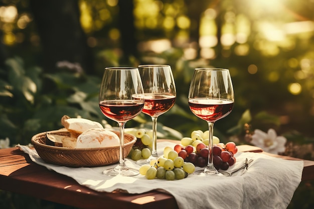 Elegant outdoor picnic scene with three red wine glasses