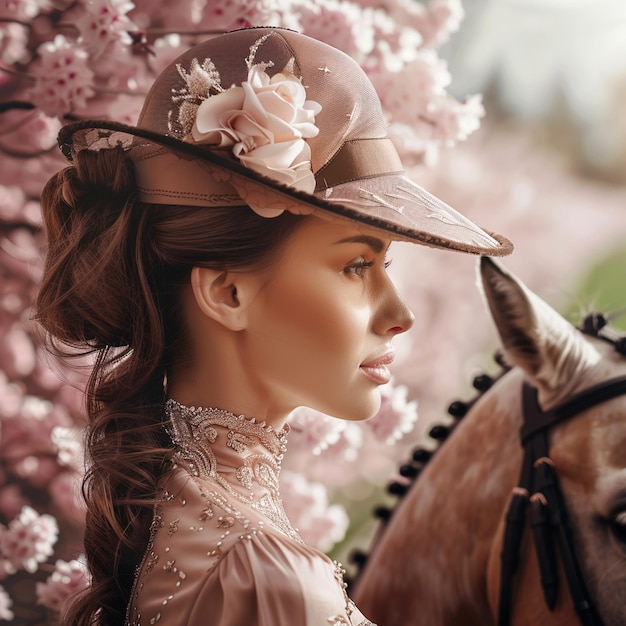 Foto elegant paardenraces mode vrouw met bloemenhoed en paardenbeeld