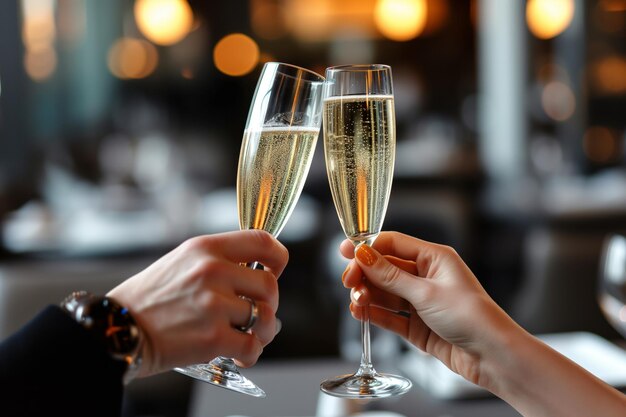 Elegant pair clinking champagne flutes at a restaurant