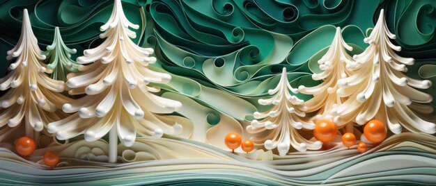 Photo elegant paper art winter landscape with festive swirls and a white christmas tree