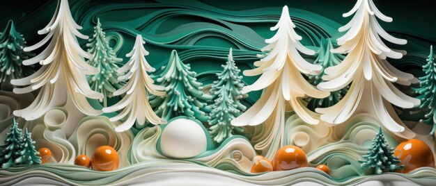 Elegant papierkunst winterlandschap met feestelijke wervelingen en een witte kerstboom tegen een levendige groene achtergrond AI Generative