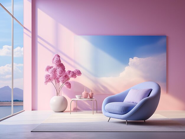 Elegant Pastel Pink and Blue Room with Modern Armchair and Pampas Grass in Vase