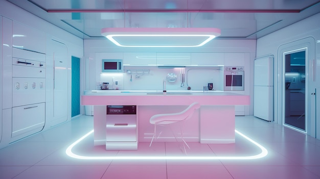 Elegant pastel white futuristic kitchen with neon LED accents minimalist charm and stateofthear