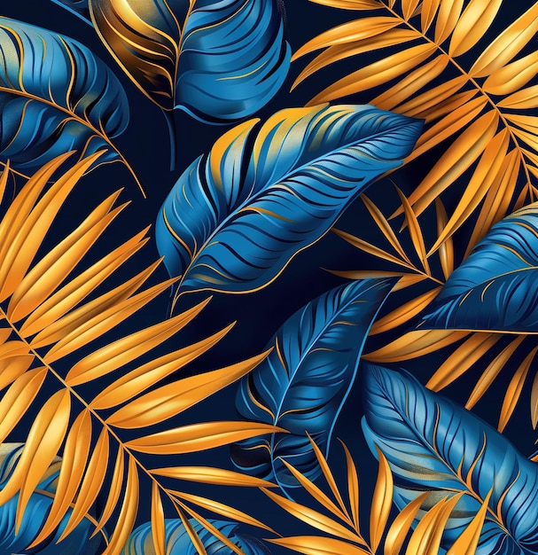 An elegant pattern of gold and blue leaves a luxurious vibrant display of metallic foliage against a dark background