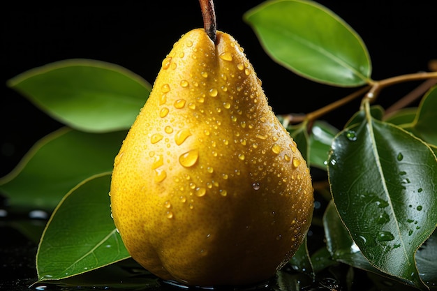 Elegant Pear Drops Pears with Water Droplets on a Black Background with Leaves Generative AI