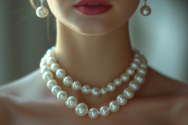 Elegant Pearl Necklace and Earrings on Woman