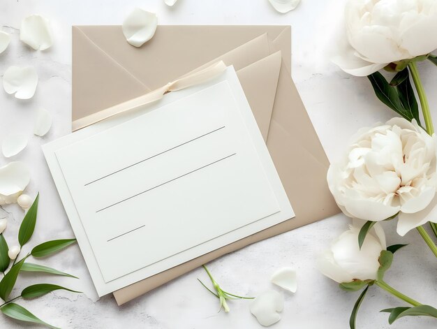 Elegant Peonies and Blank Card on Rustic Wooden Background