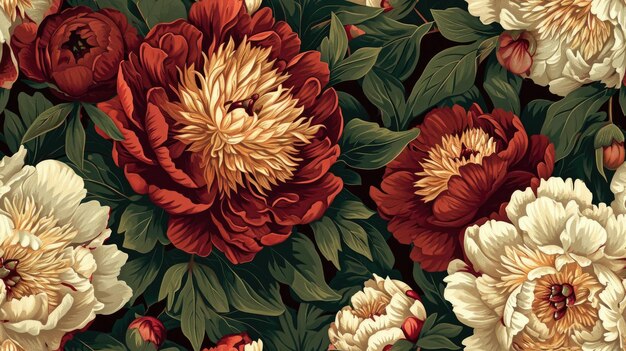 Elegant Peonies Floral Seamless Pattern on Dark Background