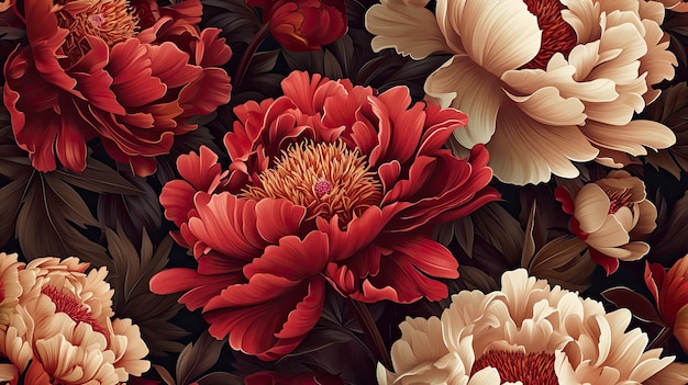 Elegant Peonies Floral Seamless Pattern on Dark Background