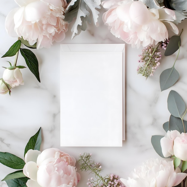 Фото Элегантный цветок пиона и пустая карточка на текстурированном фоне