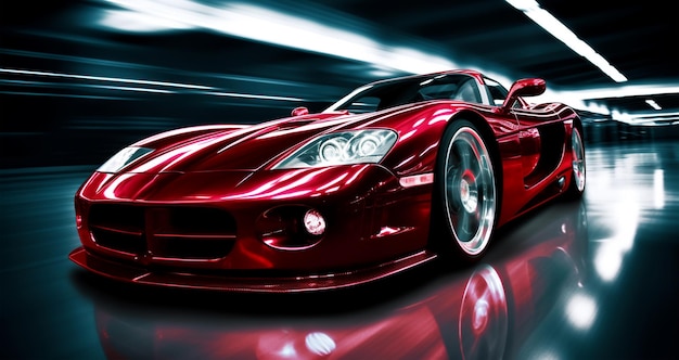 写真 素晴らしい光効果の背景を持つエレガントなパフォーマンスの赤いスポーツカー