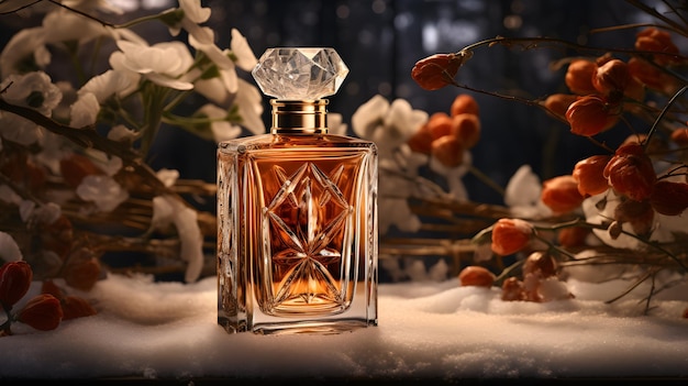 雪の結晶と花を持つ雪の背景にエレガントな香水瓶