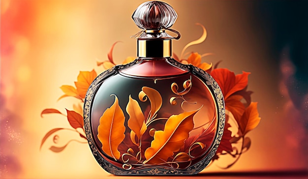 Elegant perfume bottle with autumn style for sale ads product banner background post