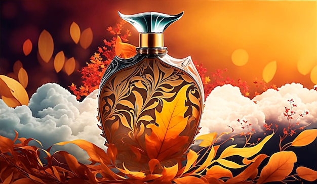 Photo elegant perfume bottle with autumn style for sale ads product banner background post