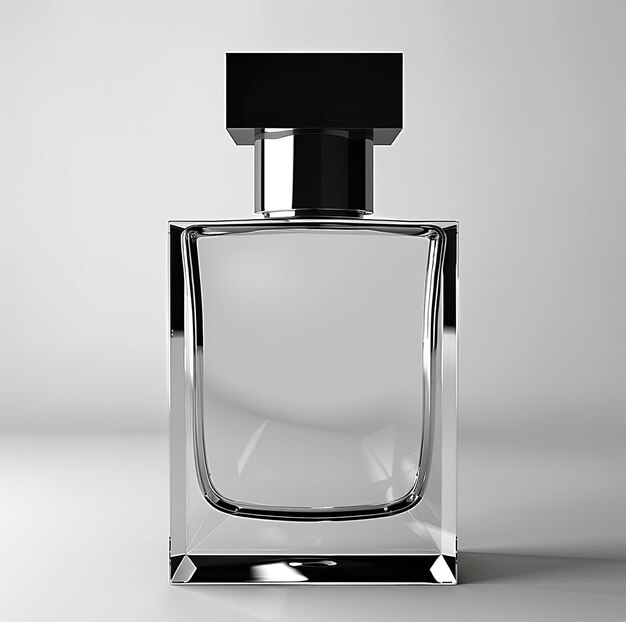 Elegant perfume bottle with black cap crystal clear glass container showing luxurious aroma