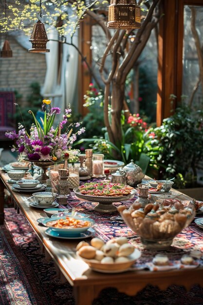 Photo an elegant persian garden party set up for nowruz