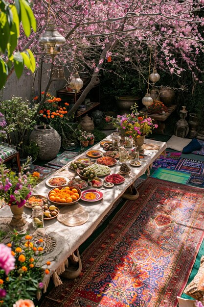 Photo an elegant persian garden party set up for nowruz