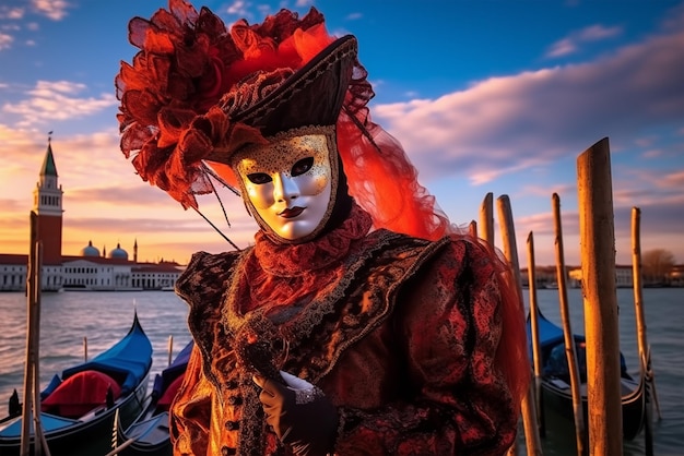 Элегантный человек в ярком карнавальном костюме и маске на Венецианском фестивале