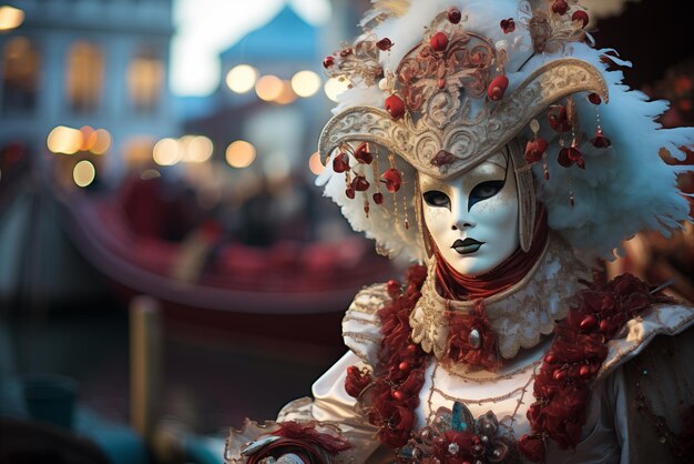 Элегантный человек в ярком карнавальном костюме и маске на Венецианском фестивале