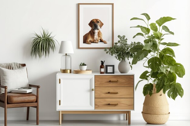 Elegant personal accessories and a minimalist composition with a brown mockup photo frame an avocado plant a plant and a wooden vintage commode Retrochic living room blank walls Decor for the home