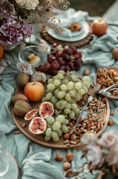 Elegant Picnic Setup with Fruits and Flowers