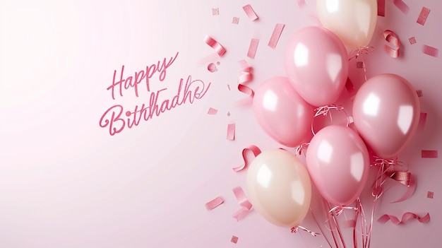 Elegant pink balloon and ribbon Happy Birthday celebration card banner template Generative Ai