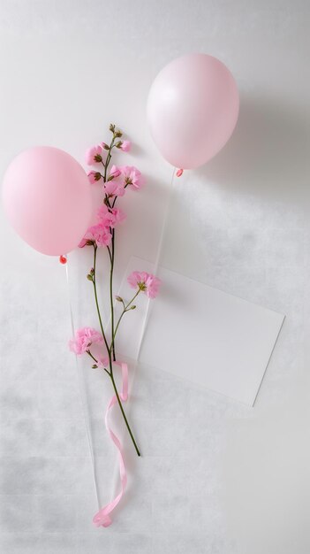 Foto eleganti palloncini rosa e fiori di primavera con biglietto di auguri vuoto su sfondo bianco