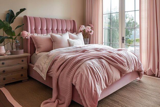 Elegant Pink Bedroom Interior With Plush Velvet Bed