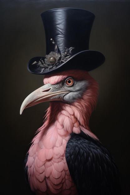 Elegant Pink Bird with Top Hat and Glasses AI Generated