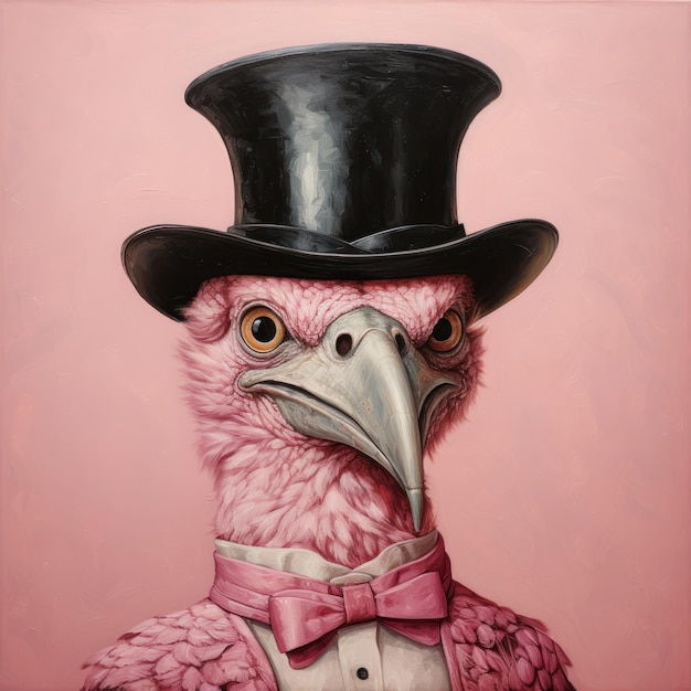Elegant Pink Bird with Top Hat and Glasses AI Generated