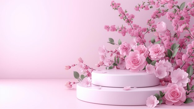Photo elegant pink floral display with twotiered white cake on a pastel background