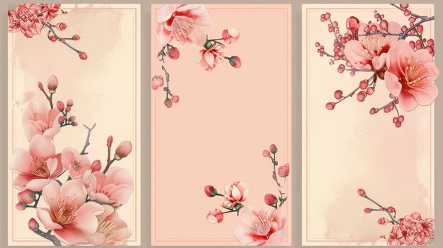 An elegant pink floral square template set featuring plum and camellia flowers