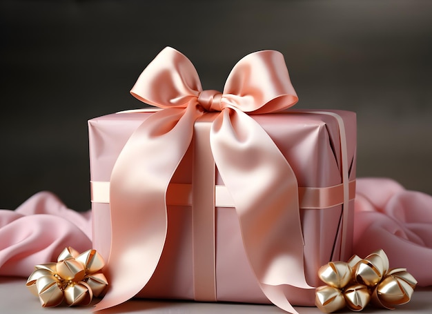 Элегантная розовая подарочная коробка, привязанная к блестящему золотому луку на сатенном фоне