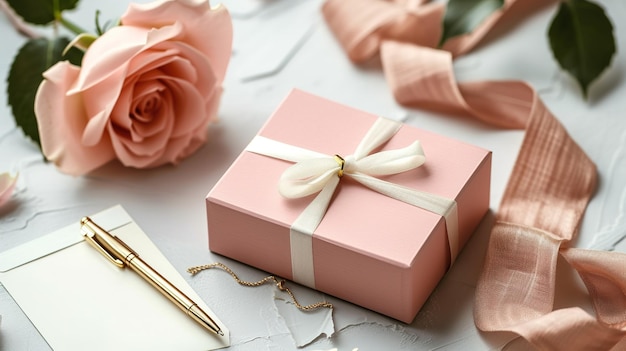 Elegant Pink Gift Box with Rose and Blank Card