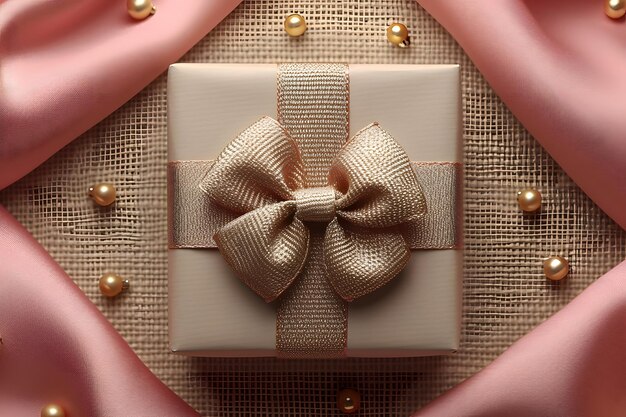 Элегантная розовая подарочная коробка с мерцающим золотым сатенным луком на текстурированном фоне