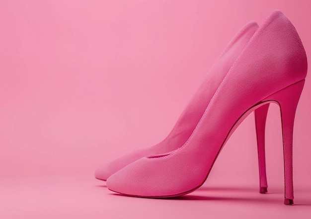 Elegant pink high heel shoes on pink background perfect for fashion