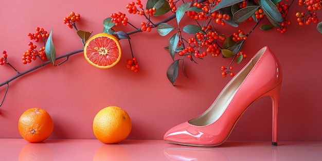 Photo elegant pink high heel with citrus and berries on red background