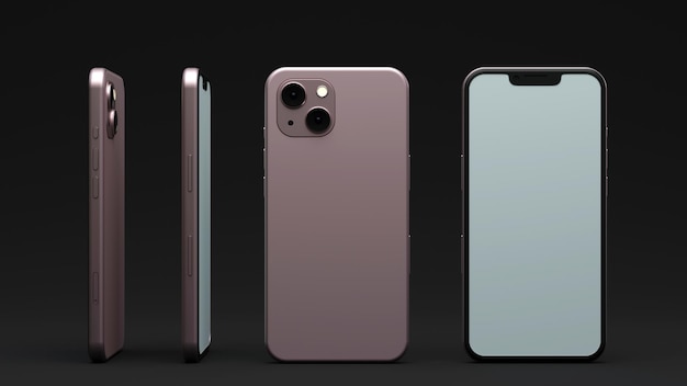 Elegante mockup di telefono rosa anteriore, posteriore e laterale, rendering 3d