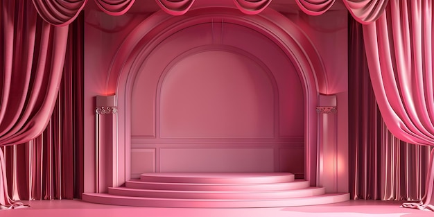 Elegant Pink Podium Stage with Curtains for Effective Product Showcasing Concept Product Display Pink Stage Setup Elegant Backdrop Curated Presentation Effective Showcasing