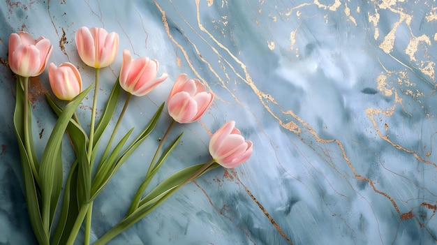 Элегантные розовые тюльпаны на синем мраморном фоне с золотыми акцентами