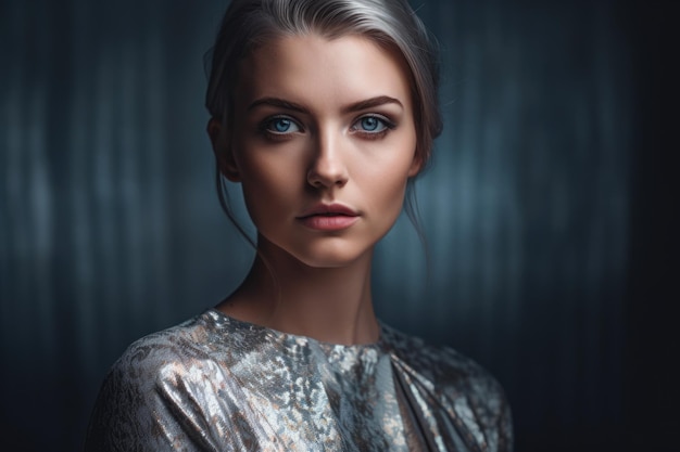 Elegant and poised portrait of a beautiful woman with piercing blue eyes