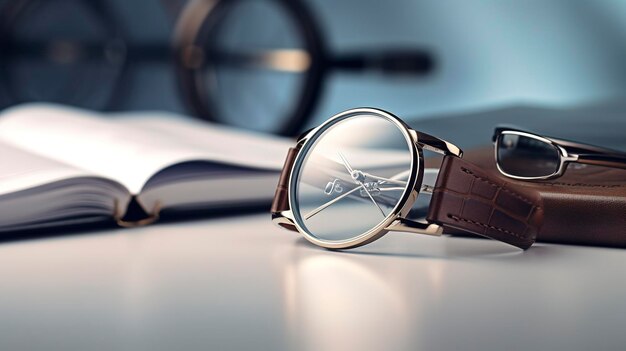 Foto elegant polshorloge op een dagboek met brillen en penconcept van tijdbeheer en planning