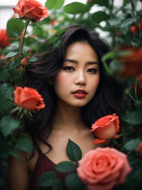 Элегантный портрет азиатской женщины, наслаждающейся природой среди пышной зелени