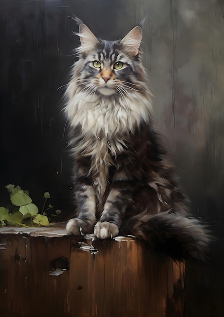 Photo an elegant portrait oil painting of a maine coon cat