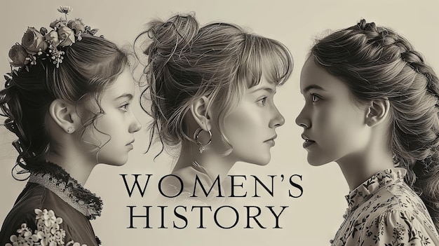 Foto elegante ritratto di tre giovani ragazze che raffigurano la storia delle donne e il legame intergenerazionale
