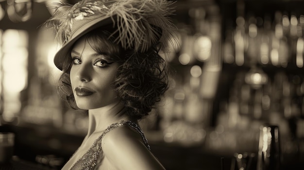 Foto elegante ritratto di una donna in abito vintage degli anni '20 con cappello a piume in lussuoso bar antico a tono monocromatico con tocco di sepia