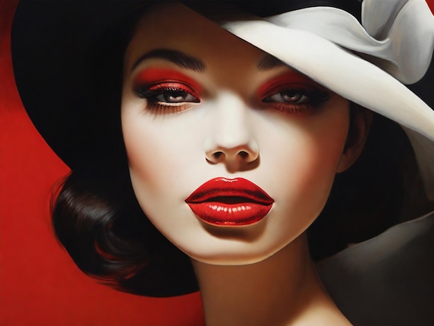 Photo elegant portrait of a young stylish woman in a black hat makeup red lips fashion model girl posing on a red studio background